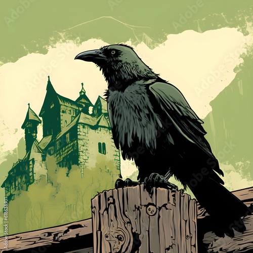 crow sits on a wooden sign world of dead draculas castle shadows strokes greengrey colours comics style  photo