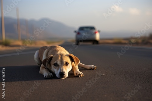 A sad and abandoned dog is waiting on the road, as a car drives away - AI Generated