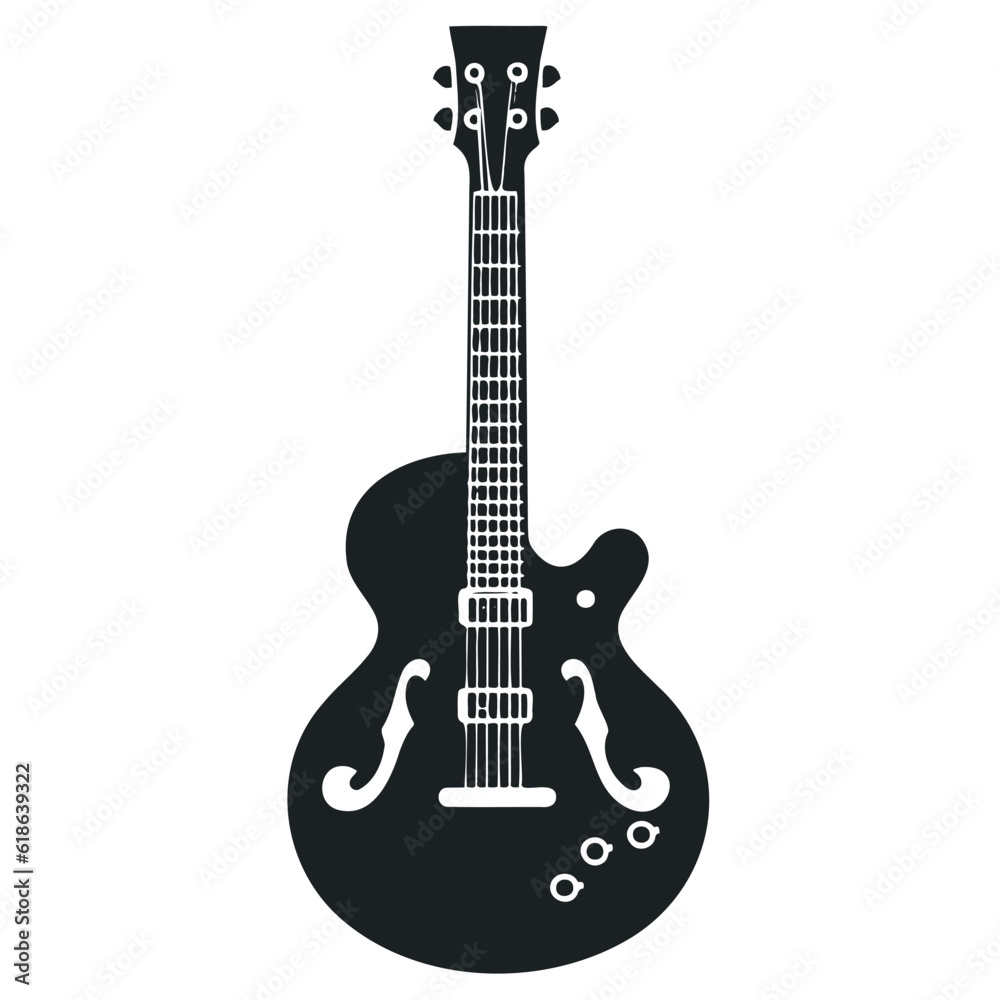 Naklejka premium Acoustic guitar black silhouette. Music instrument icon. Vector illustration.