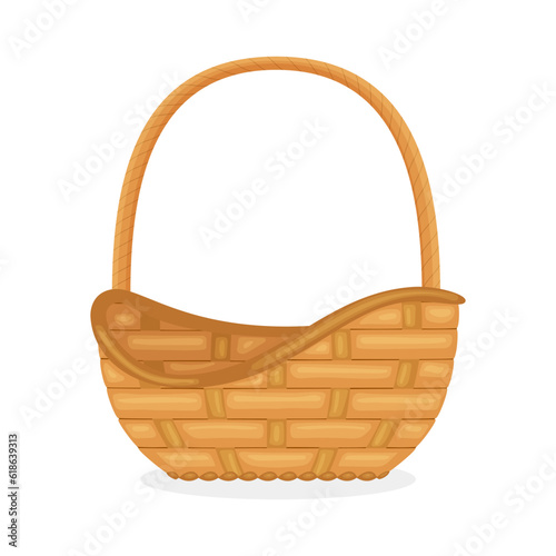Empty wicker basket with handle. Decorative picnic containers for products. Straw or bamboo handmade pannier isolated on white background. Cartoon style. Clip art