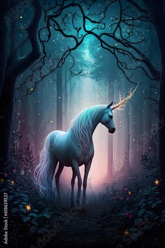 A Magical Enchanted Forest With a photorealistic Unicorn in the center of the scene fairy lights and fireflies glittering and sparkeling in the trees 