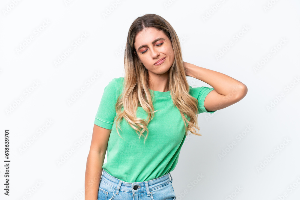 Young Uruguayan woman isolated on white background with neckache Young Uruguayan woman isolated on white background with neckache