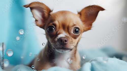 Portrait cute chihuahua wrapped in a blue towel in bathtub with foam and soap bubbles. pets grooming and cleaning concept. Generative AI © Tetiana
