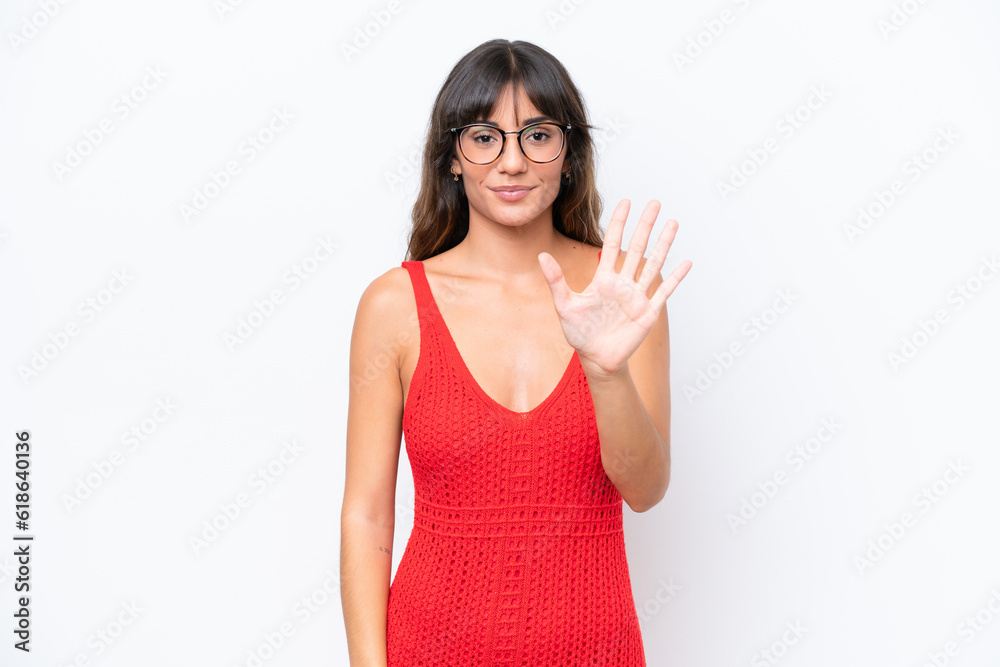 Young caucasian woman isolated on white background counting five with fingers Young caucasian woman isolated on white background counting five with fingers