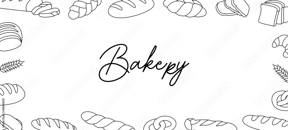 Bakery horizontal outline banner. Breads and pastry menu illustration. Whole grain and wheat bread, pretzel, ciabatta, croissant, french baguette.