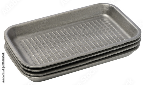 Disposable polystyrene foam rectangular plate for packaging vegetables and meat on a white isolated background