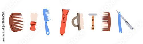 Barber shop set. Barber shop and hairdresser tools silhouette. Comb, shaving brush, beard trimmer, hairdresser brush, sharp razor blade.