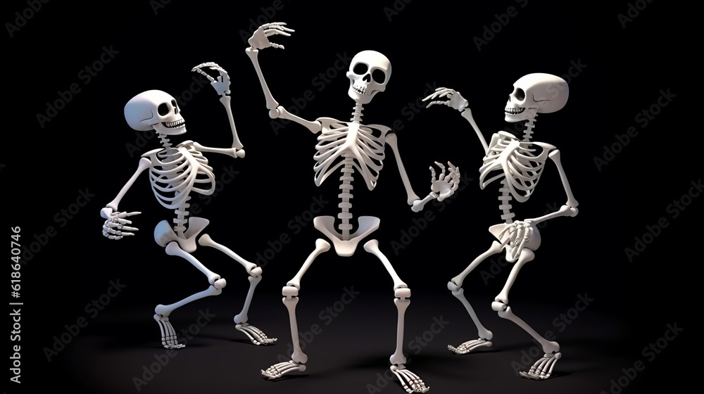 Obraz premium Three happy dancing white skeletons isolated on a black background