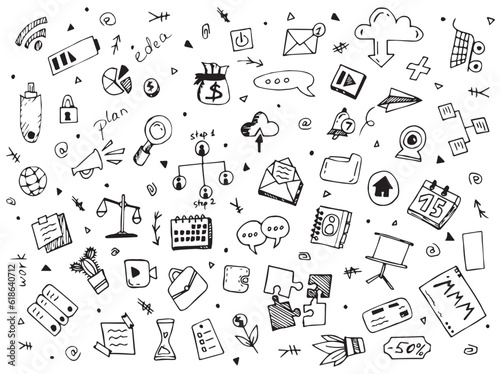 doodles. background drawings. financial and office theme. statistics. messages. notifications. key and lock. vector image. on a white background. doodle. black color.