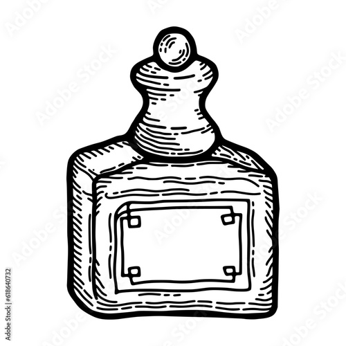Vintage bottle. Retro medical health sketch, medicine or oil glass, old cosmetic, pharmacy drawing, ink. Vector isolated illustration 