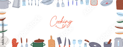 Kitchen utensils in horizontal banner. Kitchenware and cutlery line background. Ceramic plates, mug, cup, wineglass, frying pan, sieve, colander.
