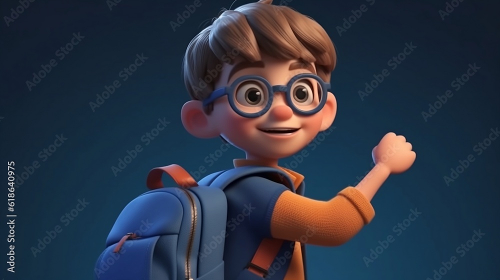 Cute smiling boy in glasses with school backpack. Generative AI Cute smiling boy in glasses with school backpack. Generative AI