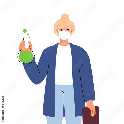 Young scientist woman holding lab glassware. Science laboratory research and development. Laboratory glass equipment. Scientific research concept.