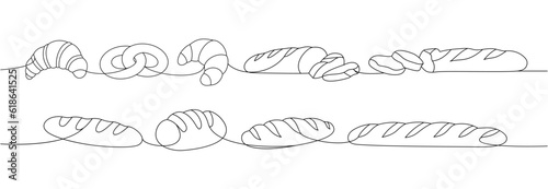 Set of breads one line continuous drawing. Whole grain and wheat bread, pretzel, ciabatta, croissant, bagel, french baguette one line illustration.
