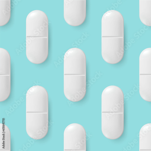 Vector Seamless Pattern with 3d Realistic White Pharmaceutical Medical Pill, Capsule, Tablet Closeup On Blue Background. Front View. Medicine, Health Concept