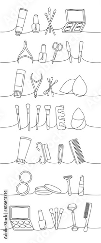 Makeup and beauty tools one line continuous drawing. Cosmetic cream, brushes, nail polish, sponge, hair comb one line continuous illustration.