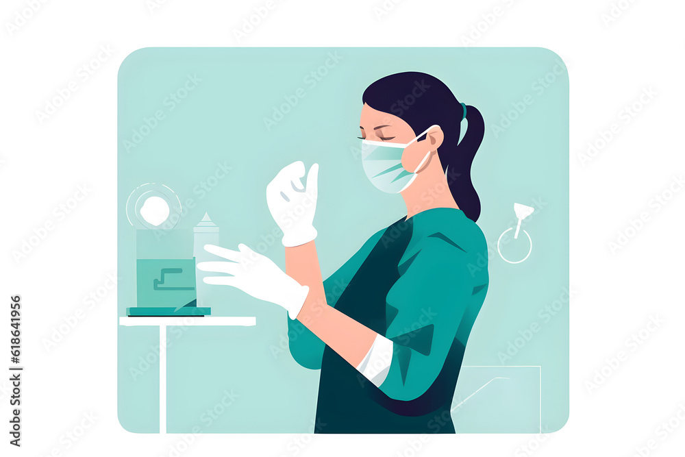 Flat vector illustration female lab technician in protective glasses gloves and face mask sits next to a microscope in laboratory Flat vector illustration female lab technician in protective glasses gloves and face mask sits next to a microscope in laboratory