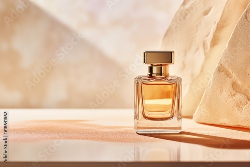 Mock up of minimal elegant perfume bottle. Stylish parfumerie banner. AI generative
