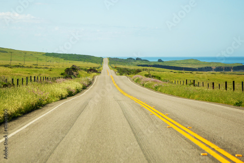 Road stretches into the distance against the backdrop of green meadows and the sea. Asphalt road with a dividing strip goes into the distance. Tire tracks on a road stretching into the distance
