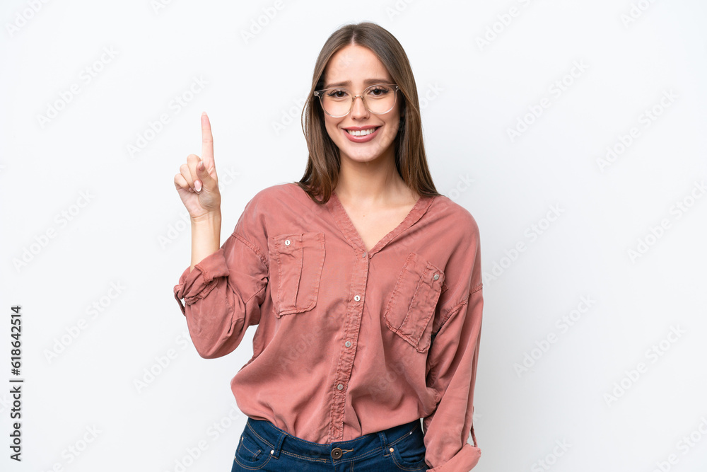 Young pretty caucasian woman isolated on white background pointing up a great idea Young pretty caucasian woman isolated on white background pointing up a great idea
