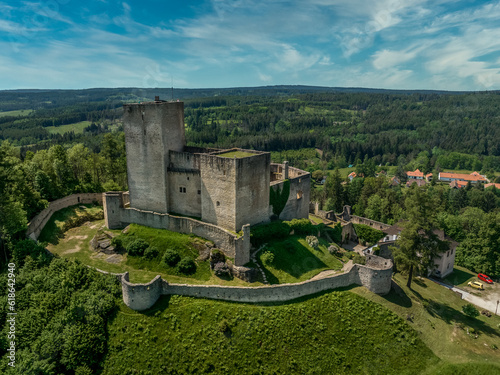 Aerial view of Landstejn castle with rectangular keep and concentric walls, semi Fototapet