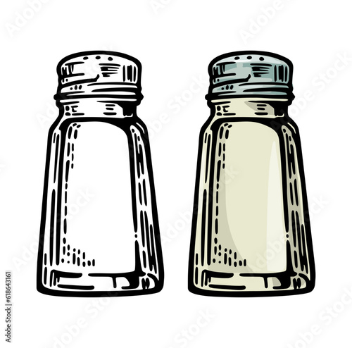 Salt shaker. Vintage black and color vector engraving illustration