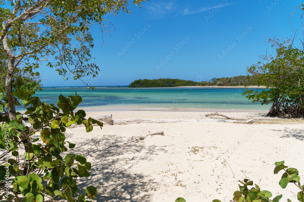 Empty strand of beach in estero hondo dominican republic, with fine sand and a distant island.
