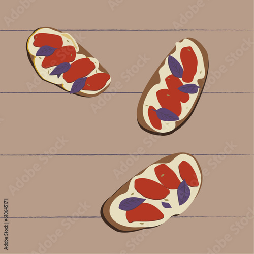 Bruschetta with tomatoes, mozzarella and basil. Summer sandwich of white bread with butter. Healthy breakfast. Vector illustration