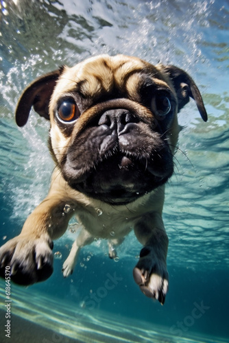 Pug dog swimming and splashing underwater towards camera with flash. Generative ai.