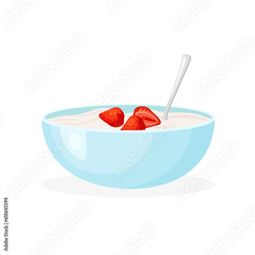 Cereal milk breakfast with strawberry. Rolled oats or crunchy cornflakes. Sweet healthy food. Vector illustration in trendy flat style isolated.