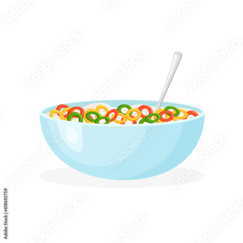 Colorful cereal milk breakfast. Rolled oats or crunchy cornflakes. Sweet food for kids. Vector illustration in trendy flat style isolated on white.