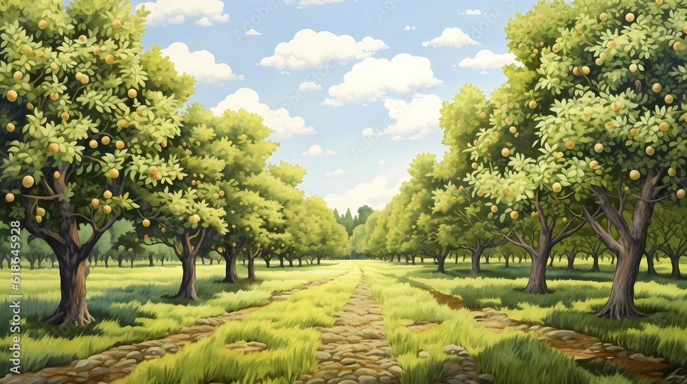 Beautiful Green Orchard with Clear Sky. Realistic Drawing. Concept Art Scenery. Book Illustration Video Game Scene. Serious Digital Painting. CG Artwork Background. Generative AI.
