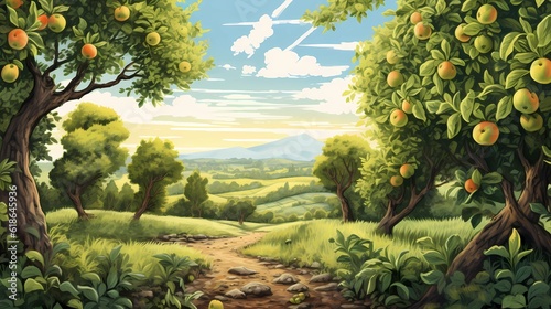 Beautiful Green Orchard with Clear Sky. Realistic Drawing. Concept Art Scenery. Book Illustration Video Game Scene. Serious Digital Painting. CG Artwork Background. Generative AI.
