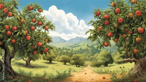 Beautiful Green Orchard with Clear Sky. Realistic Drawing. Concept Art Scenery. Book Illustration Video Game Scene. Serious Digital Painting. CG Artwork Background. Generative AI.

