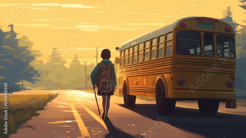 children back to school, carrying their backpack in a sunset warm colors