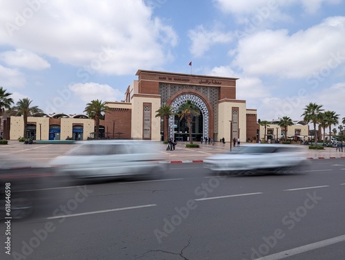 MARRAKECH, MOROCCO - APRIL 20, 2023 - Modern oriental building of the central train station of Marrakech