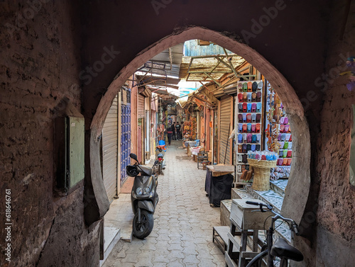 Impressions of typical Moroccan souks in the Marrakechs medina photo