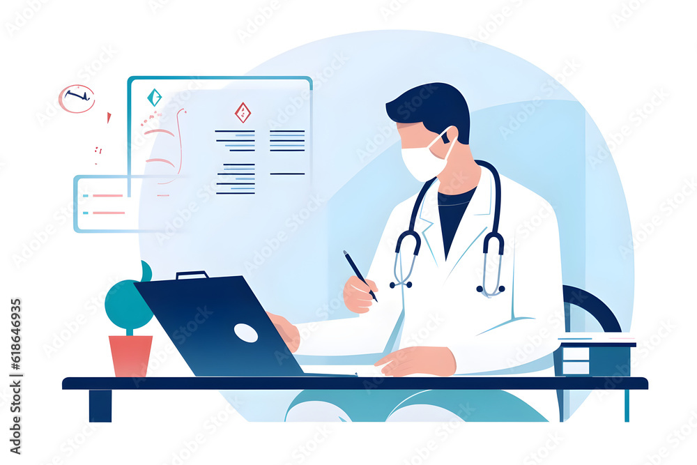  Flat vector illustration doctor writing a medical prescription 