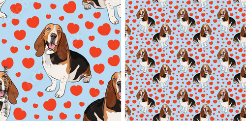 Seamless Basset hound dog pattern, holiday texture. Packaging, textile, decoration, wrapping paper. Saint Valentine wallpaper with hearts and mascots. Fun seamless square pattern with hearts and hound