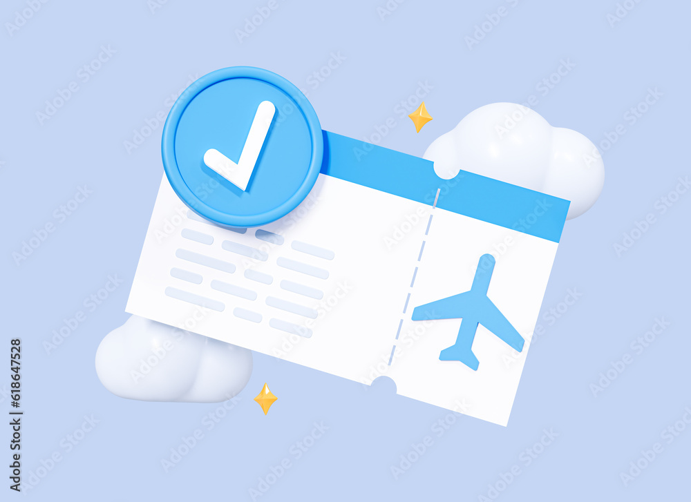 3D Airplane ticket with check mark and clouds. Airline boarding pass ...