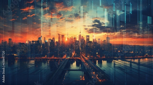 Illustration of a modern cityscape viewed through the lens of a drone camera showcasing a dystopian future powered by artificial intelligence, by Generative AI