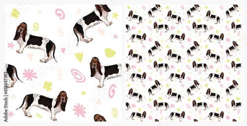 Creative spring pattern with spirals, leaf, flowers, hound dogs. Pastel colors animal seamless background. Elegant, soft, abstract summer pattern with hand-drawn colorful shapes and basset hound.