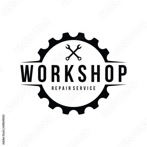 Crossed wrench logo template design with vintage gear.Logo for workshop, badge, industry,service or repair and mechanic.