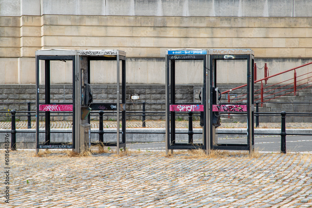 Old vandalised telephone boxes in Bristol city centre Old vandalised telephone boxes in Bristol city centre