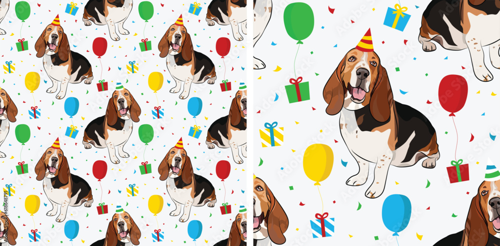 Happy Birthday Pattern with red Basset hound dog in a party hat ...