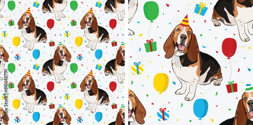 Happy Birthday Pattern with red Basset hound dog in a party hat, seamless texture. Repeatable textile, wrapping paper, white background graphic design. Holiday wallpaper with sitting hound dogs.