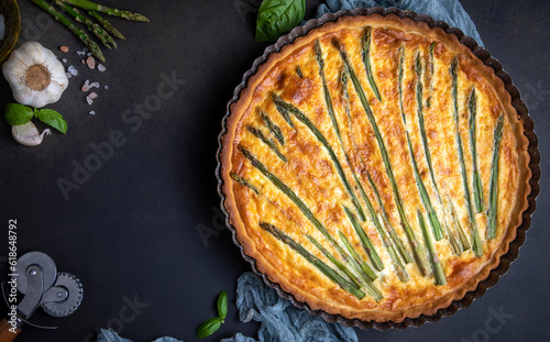 Fototapeta Naklejka Na Ścianę i Meble -  Asparagus tart, vegan quiche homemade pastry, healthy foods