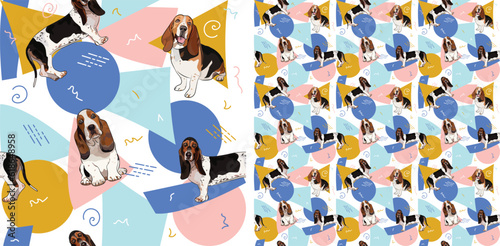 Basset hound dog summer pastel wallpaper. Holiday abstract circles, squares, spirals, confetti. Seamless geometric background, repeatable pattern. Birthday wallpaper, Christmas present, print tiles. 