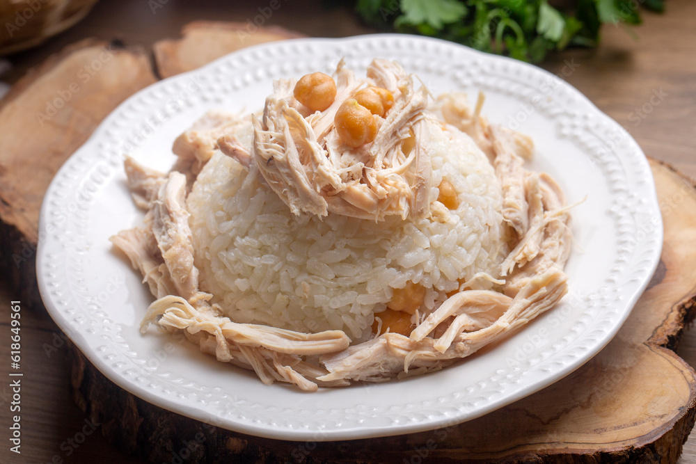Traditional delicious Turkish food; Rice with chickpeas and chicken (Turkish name; Tavuklu nohutlu pilav or pilaf) Traditional delicious Turkish food; Rice with chickpeas and chicken (Turkish name; Tavuklu nohutlu pilav or pilaf)