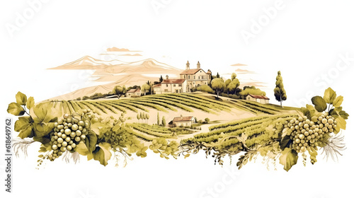 Nature. Landscape vineyard and farm. European landscape. Typography posters design. Simple pencil drawing.Print, banner, label, cover or t-shirt
